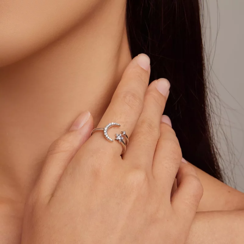 (imagen para) Anillo abierto estilo Pandora con luna y estrellas - BSR305 - Ver 4