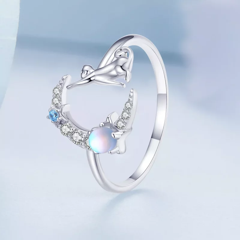 (imagen para) Anillo abierto estilo Pandora con luna y gato - BSR315 - Ver 2