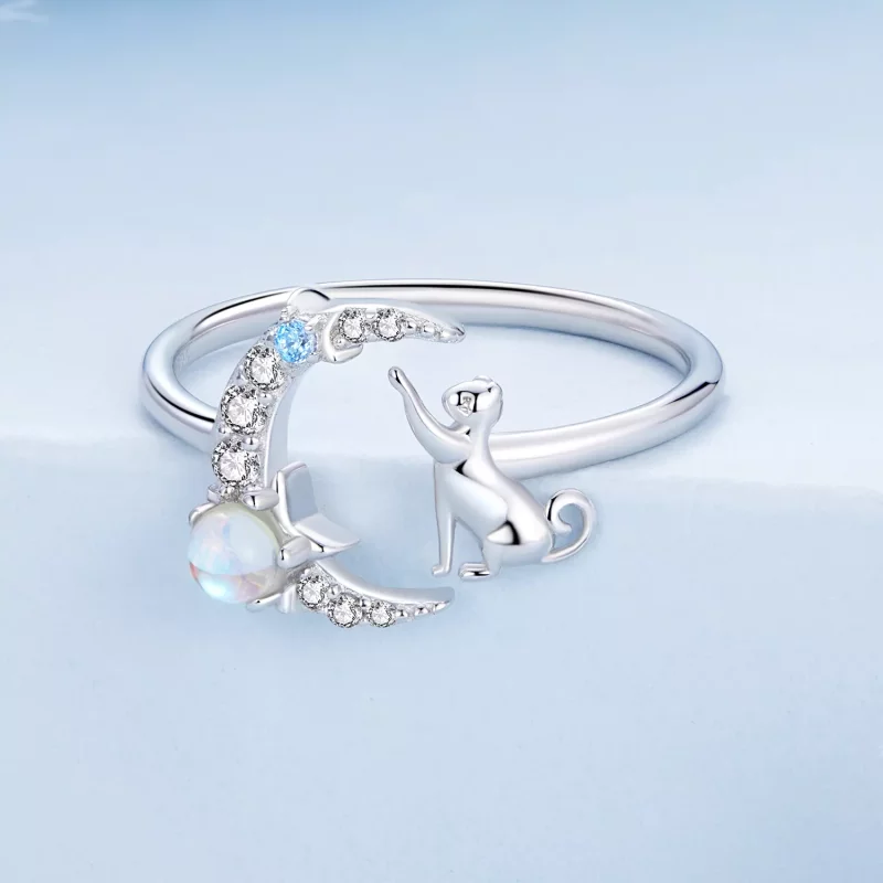 (imagen para) Anillo abierto estilo Pandora con luna y gato - BSR315 - Ver 3
