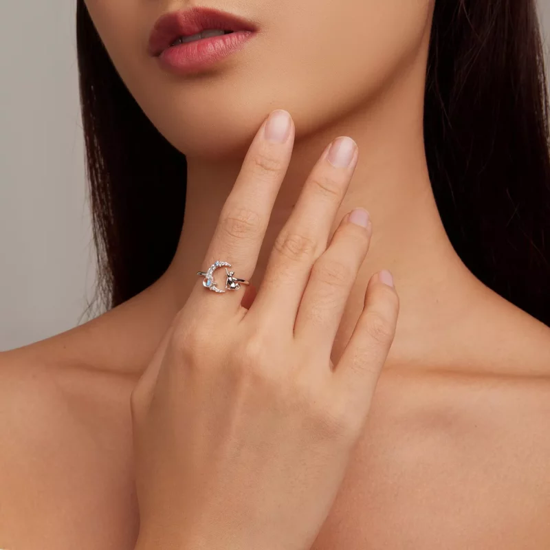 (imagen para) Anillo abierto estilo Pandora con luna y gato - BSR315 - Ver 4