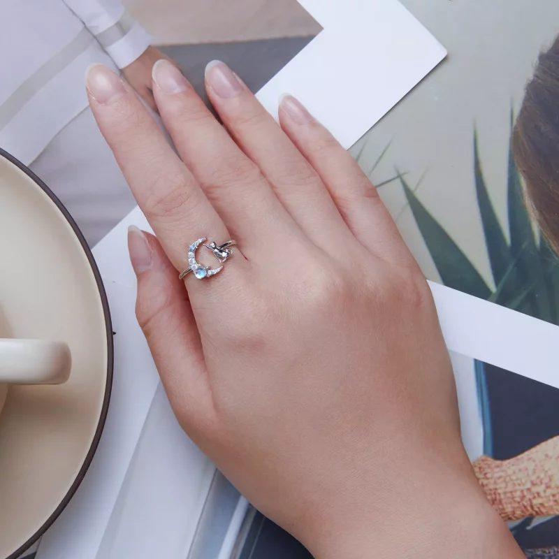(imagen para) Anillo abierto estilo Pandora con luna y gato - BSR315 - Ver 5