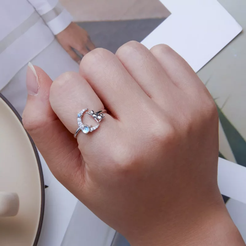 (imagen para) Anillo abierto estilo Pandora con luna y gato - BSR315 - Ver 6