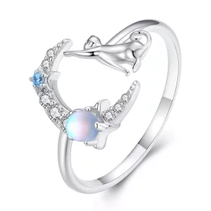 (imagen para) Anillo abierto estilo Pandora con luna y gato - BSR315