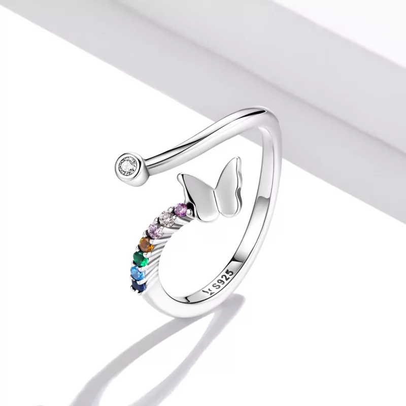 (imagen para) Anillo abierto estilo Pandora con mariposa arcoíris - SCR730 - Ver 2