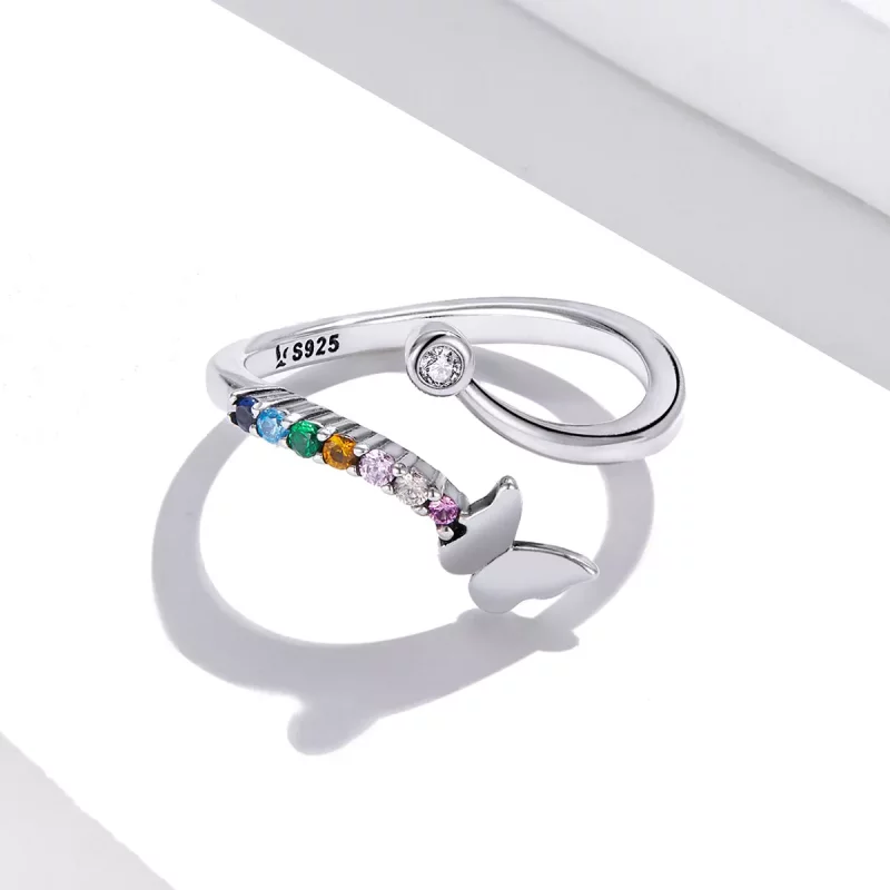 (imagen para) Anillo abierto estilo Pandora con mariposa arcoíris - SCR730 - Ver 3