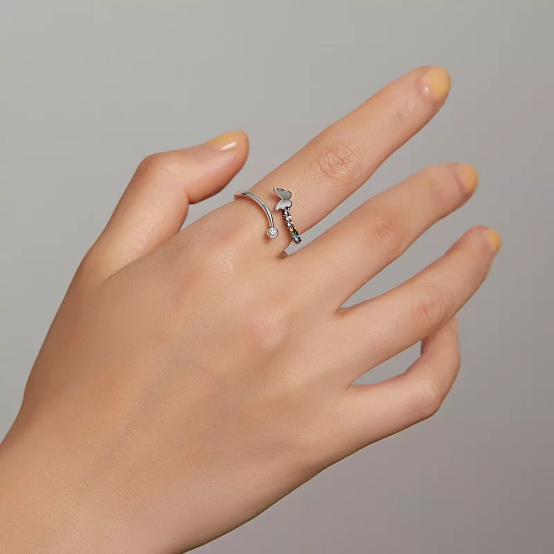 (imagen para) Anillo abierto estilo Pandora con mariposa arcoíris - SCR730 - Ver 5