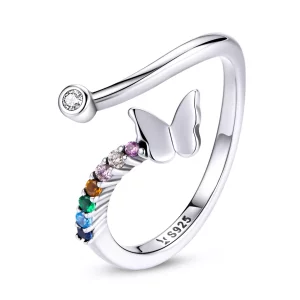 (imagen para) Anillo abierto estilo Pandora con mariposa arcoíris - SCR730
