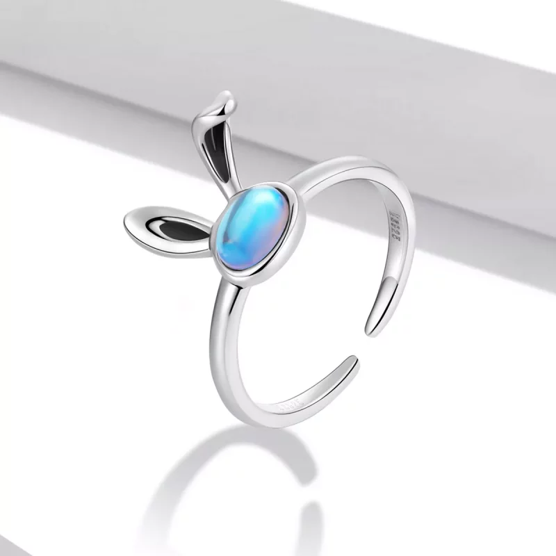 (imagen para) Anillo abierto estilo Pandora con piedra lunar y conejito - SCR784 - Ver 2