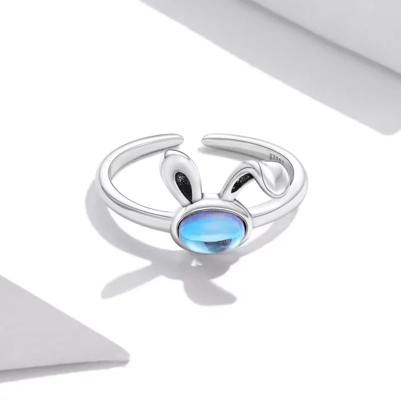 (imagen para) Anillo abierto estilo Pandora con piedra lunar y conejito - SCR784 - Ver 3