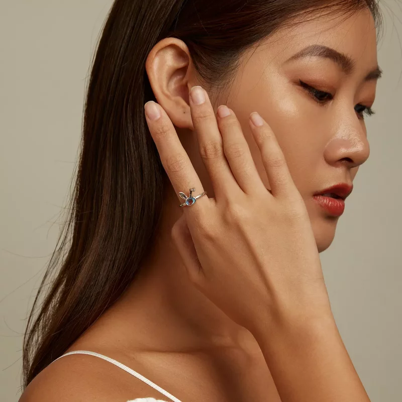 (imagen para) Anillo abierto estilo Pandora con piedra lunar y conejito - SCR784 - Ver 7