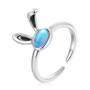 Anillo abierto estilo Pandora con piedra lunar y conejito - SCR784 (imagen para) Anillo abierto estilo Pandora con piedra lunar y conejito - SCR784