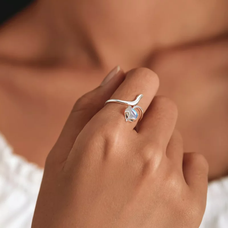 (imagen para) Anillo abierto estilo Pandora con piedra lunar y diseño de zorro - SCR756 - Ver 6