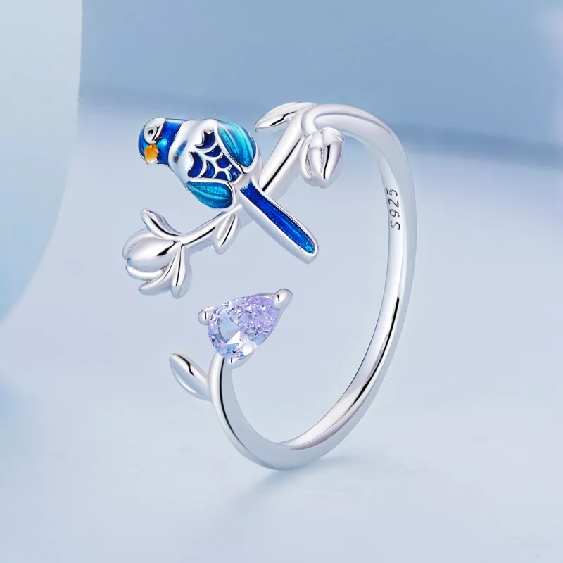 (imagen para) Anillo abierto estilo Pandora con pájaro y flor - BSR288 - Ver 2