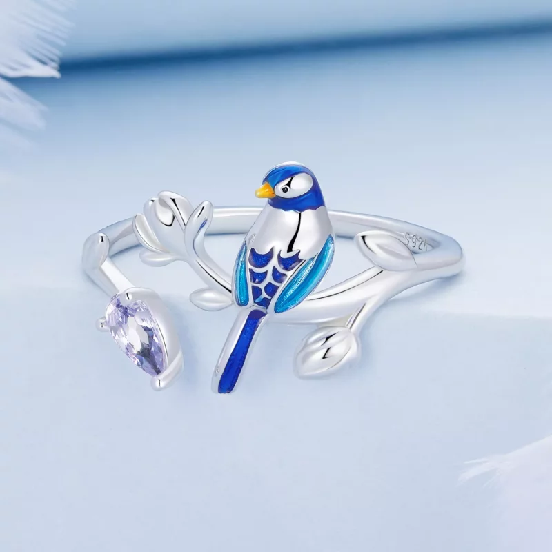 (imagen para) Anillo abierto estilo Pandora con pájaro y flor - BSR288 - Ver 3
