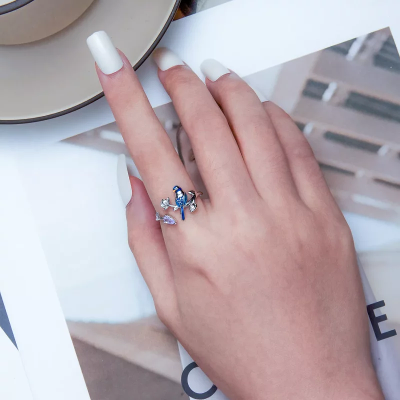 (imagen para) Anillo abierto estilo Pandora con pájaro y flor - BSR288 - Ver 5