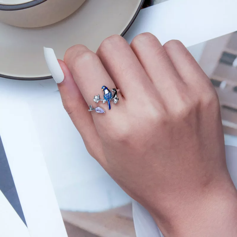 (imagen para) Anillo abierto estilo Pandora con pájaro y flor - BSR288 - Ver 6