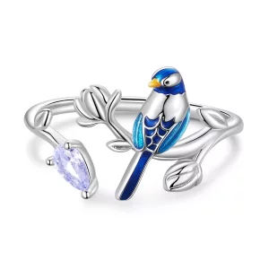 Anillo abierto estilo Pandora con pájaro y flor - BSR288 (imagen para) Anillo abierto estilo Pandora con pájaro y flor - BSR288