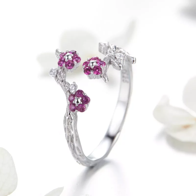 (imagen para) Anillo abierto estilo Pandora de flor de ciruelo plateado - BSR022 - Ver 2