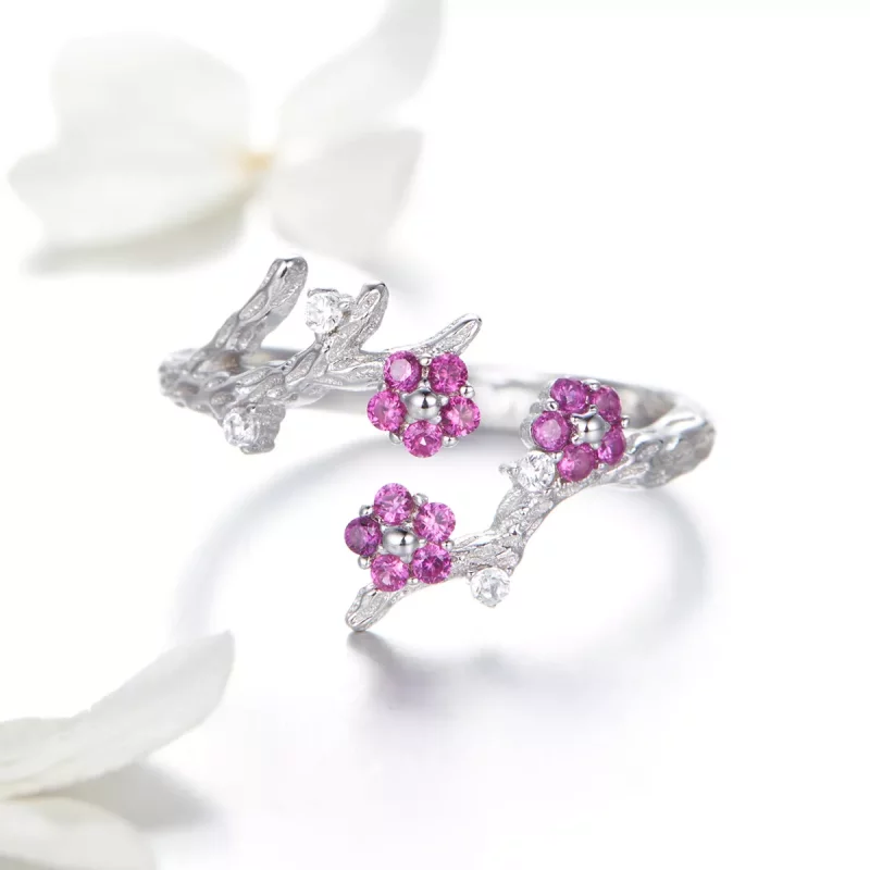 (imagen para) Anillo abierto estilo Pandora de flor de ciruelo plateado - BSR022 - Ver 3