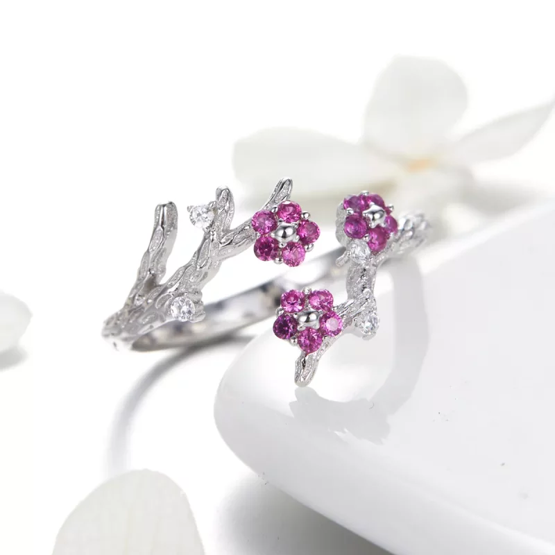 (imagen para) Anillo abierto estilo Pandora de flor de ciruelo plateado - BSR022 - Ver 4