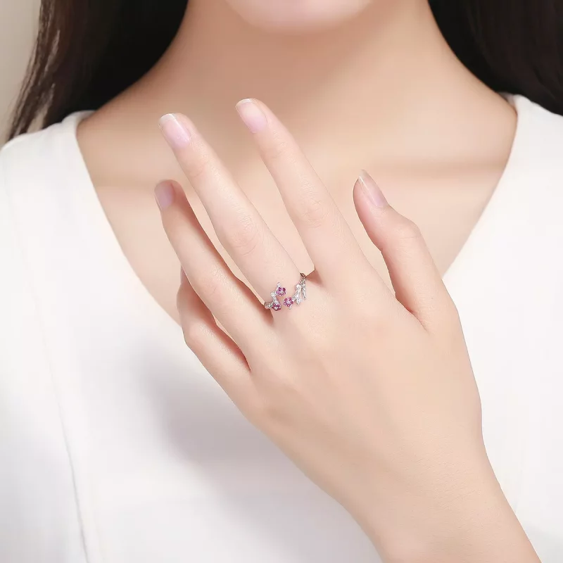 (imagen para) Anillo abierto estilo Pandora de flor de ciruelo plateado - BSR022 - Ver 5