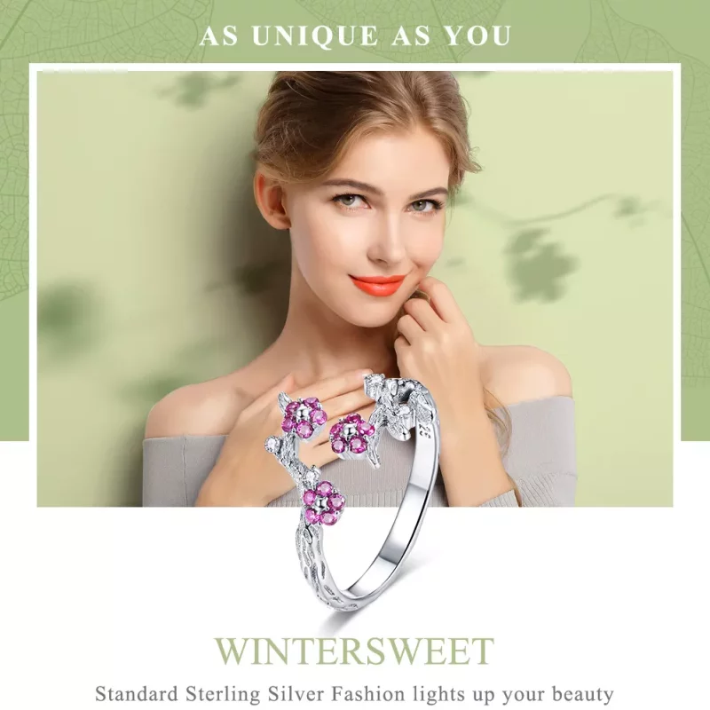 (imagen para) Anillo abierto estilo Pandora de flor de ciruelo plateado - BSR022 - Ver 6