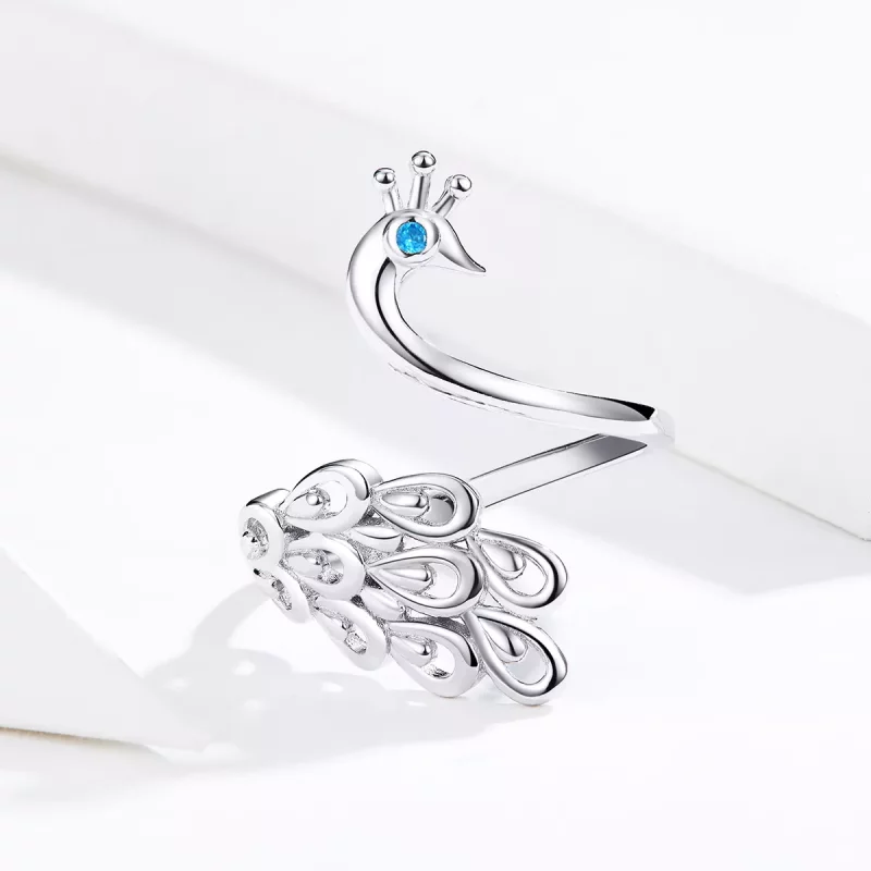 (imagen para) Anillo abierto estilo Pandora de plata con diseño de pavo real - SCR592 - Ver 3