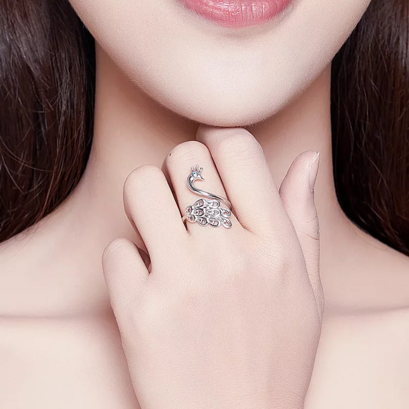 (imagen para) Anillo abierto estilo Pandora de plata con diseño de pavo real - SCR592 - Ver 7