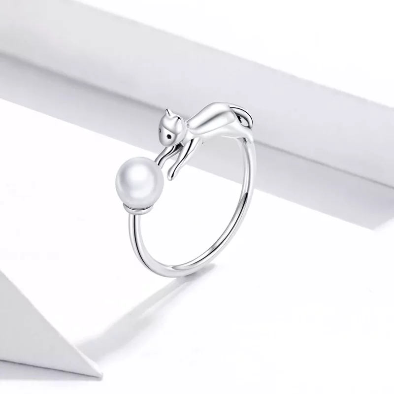 (imagen para) Anillo abierto estilo Pandora de plata con gato jugando con una bola - SCR683 - Ver 2