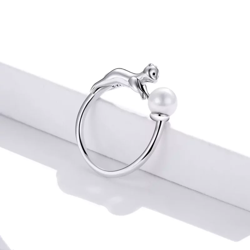 (imagen para) Anillo abierto estilo Pandora de plata con gato jugando con una bola - SCR683 - Ver 3