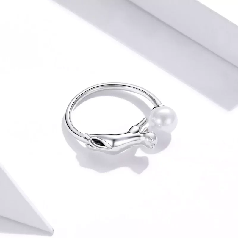 (imagen para) Anillo abierto estilo Pandora de plata con gato jugando con una bola - SCR683 - Ver 4
