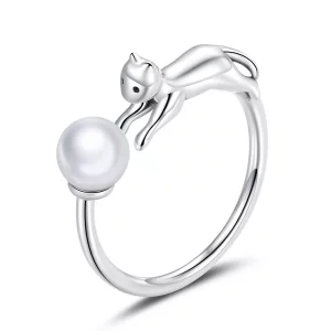 (imagen para) Anillo abierto estilo Pandora de plata con gato jugando con una bola - SCR683