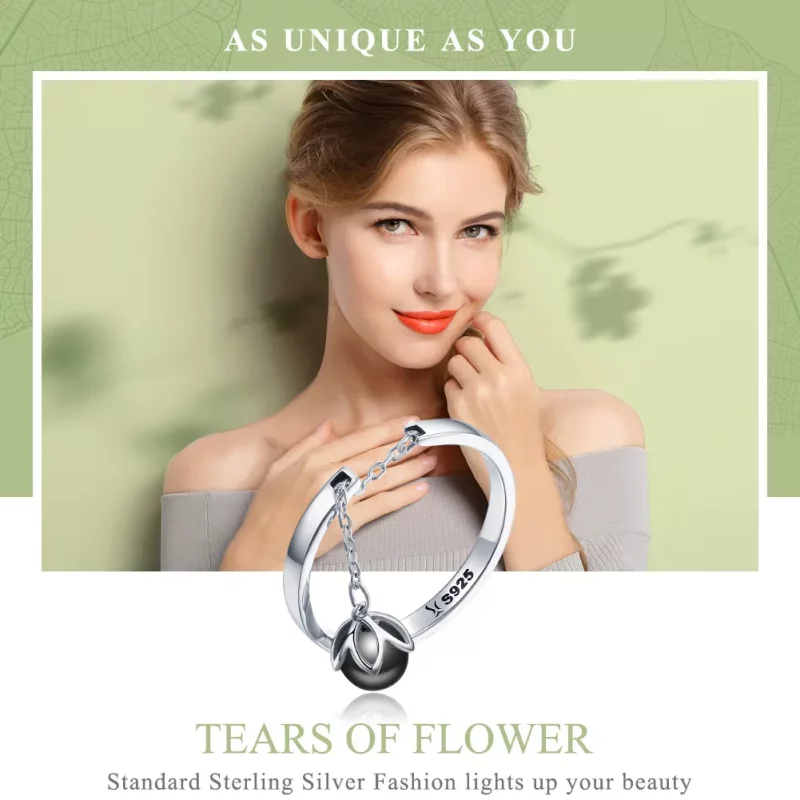 (imagen para) Anillo ajustable de estilo Pandora con lágrimas de flores de plata - SCR314 - Ver 2