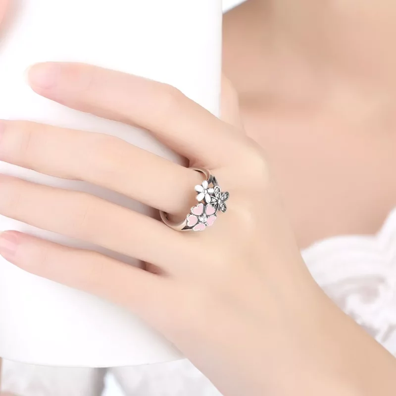 (imagen para) Anillo estilo Pandora de plata con flores de cerezo - SCR004 - Ver 2