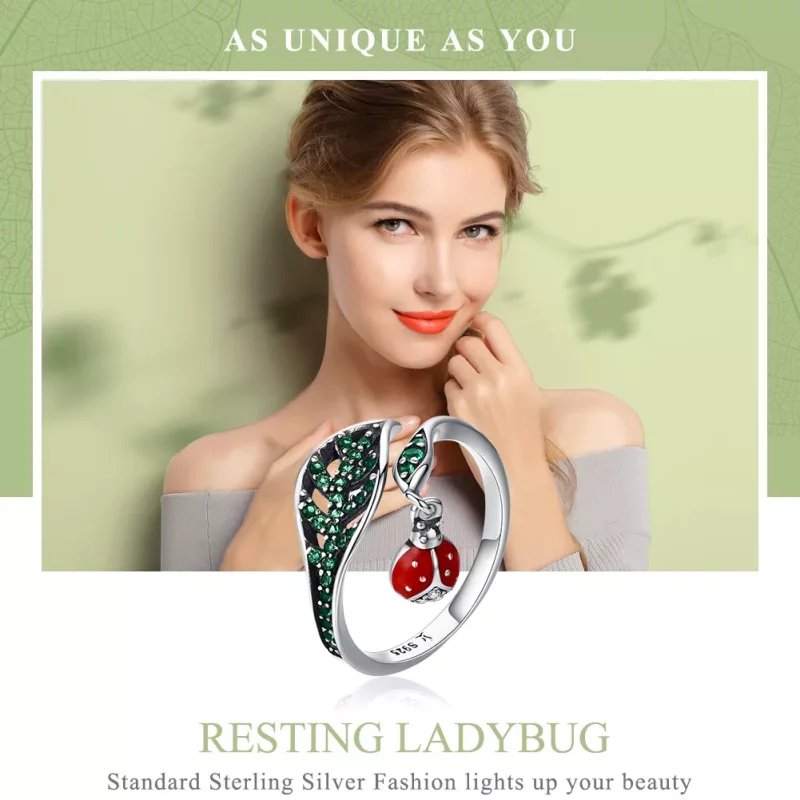 (imagen para) Anillo estilo Pandora de plata con una mariquita descansando - SCR310 - Ver 2