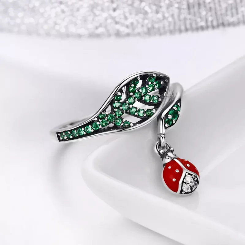 (imagen para) Anillo estilo Pandora de plata con una mariquita descansando - SCR310 - Ver 6