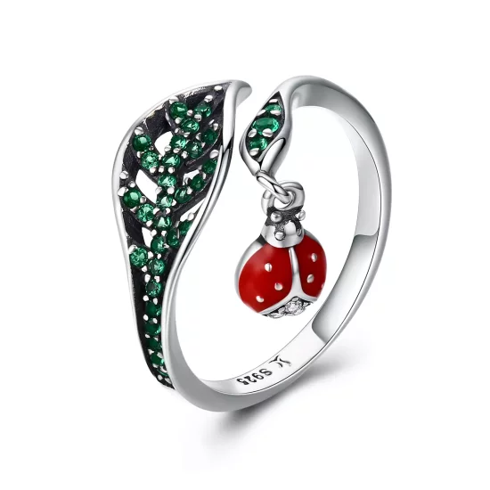 (imagen para) Anillo estilo Pandora de plata con una mariquita descansando - SCR310