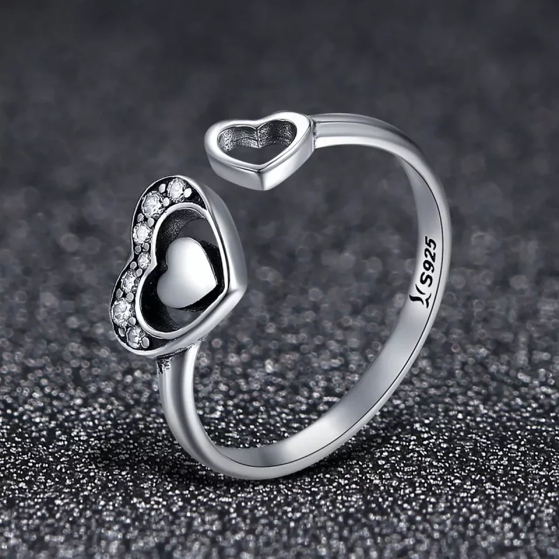 (imagen para) Anillo estilo Pandora de plata concomitante de dos corazones - SCR168 - Ver 3