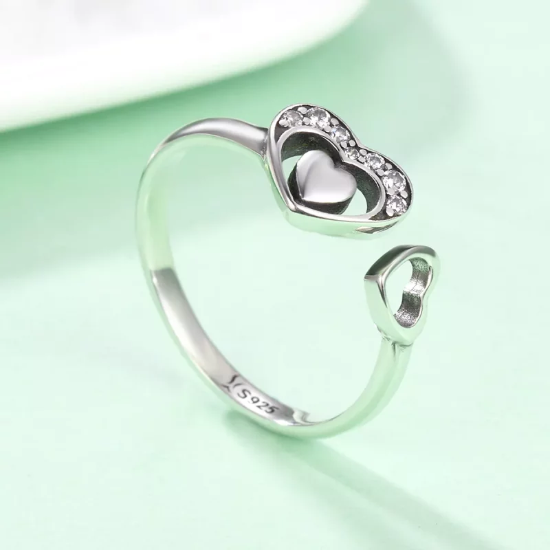 (imagen para) Anillo estilo Pandora de plata concomitante de dos corazones - SCR168 - Ver 4