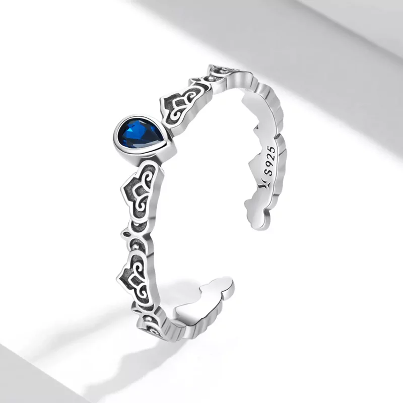 (imagen para) Estilo Pandora Vintage - Anillo abierto con piedra azul en forma de gota - SCR76 - Ver 2