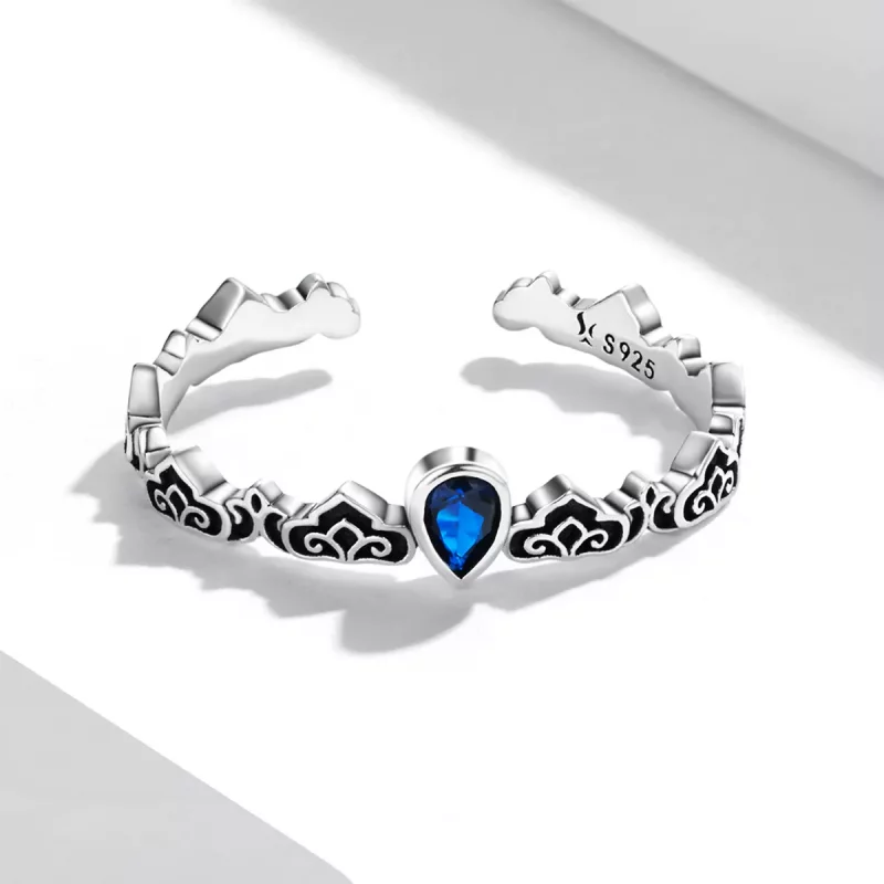 (imagen para) Estilo Pandora Vintage - Anillo abierto con piedra azul en forma de gota - SCR76 - Ver 3