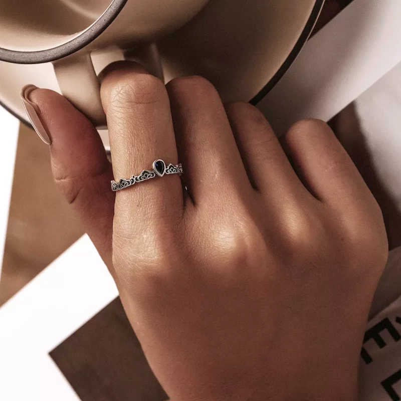 (imagen para) Estilo Pandora Vintage - Anillo abierto con piedra azul en forma de gota - SCR76 - Ver 6