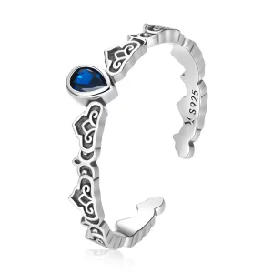 Estilo Pandora Vintage - Anillo abierto con piedra azul en forma de gota - SCR767 (imagen para) Estilo Pandora Vintage - Anillo abierto con piedra azul en forma de gota - SCR767
