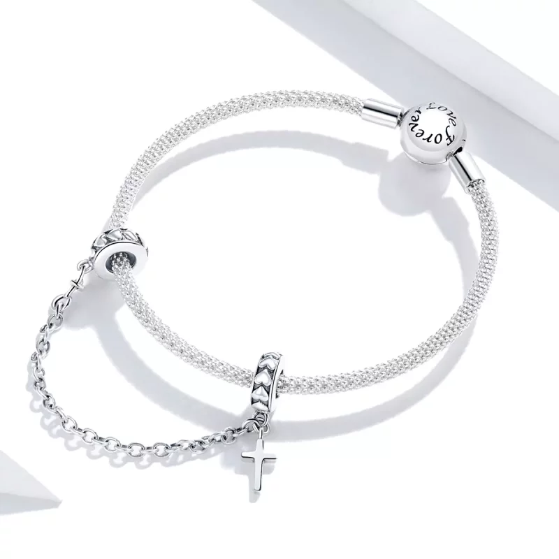 (imagen para) Cadena de seguridad de cruz simple plateada estilo Pandora - BSC362 - Ver 3