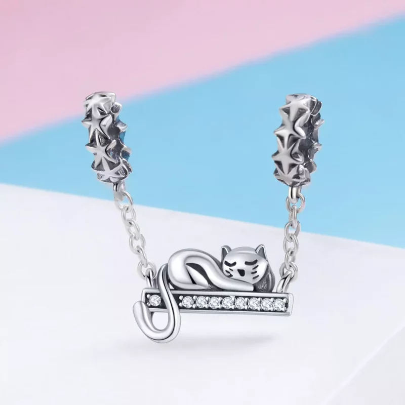 (imagen para) Cadena de seguridad de gato durmiente plateada estilo Pandora - SCC856 - Ver 2