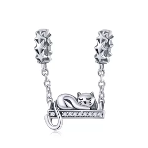 (imagen para) Cadena de seguridad de gato durmiente plateada estilo Pandora - SCC856
