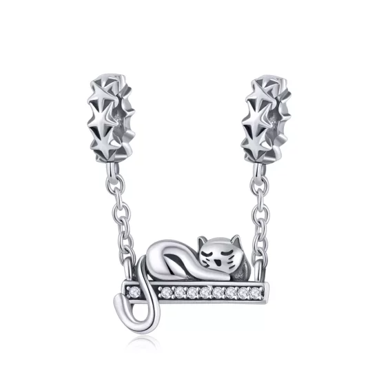 (imagen para) Cadena de seguridad de gato durmiente plateada estilo Pandora - SCC856