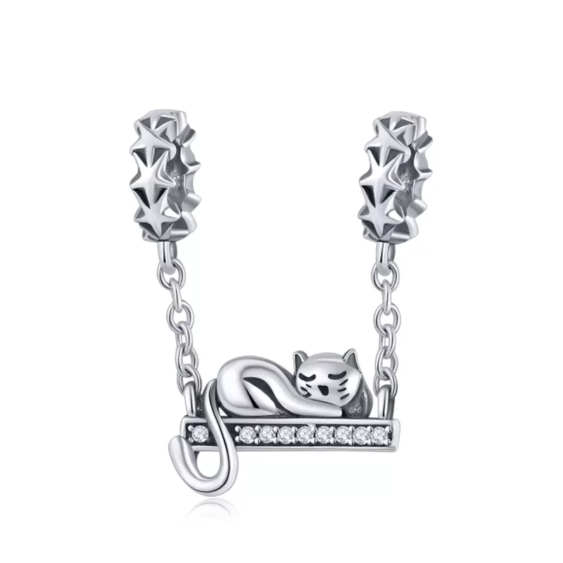 (imagen para) Cadena de seguridad de gato durmiente plateada estilo Pandora - SCC856