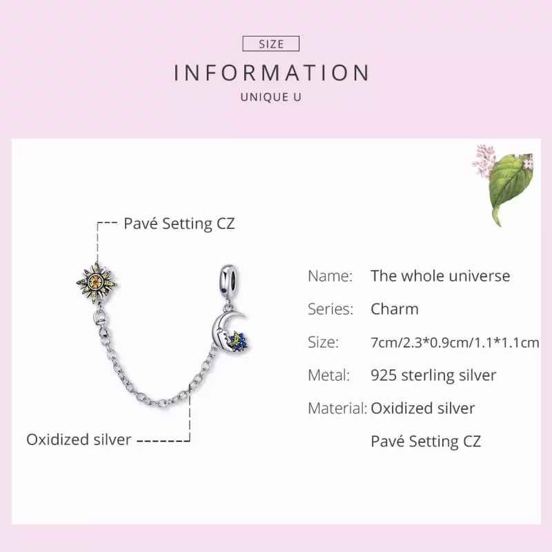 (imagen para) Cadena de seguridad estilo Pandora en plata con diseño de todo el universo - SCC - Ver 7