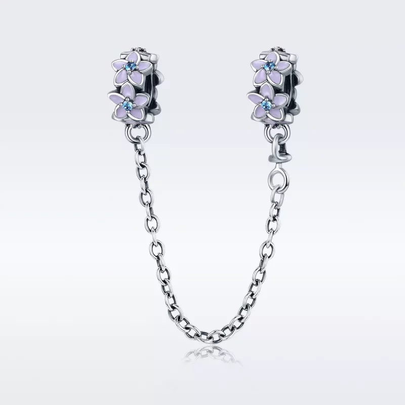 (imagen para) Cadena de seguridad estilo Pandora en plata con flores moradas - SCC602 - Ver 2